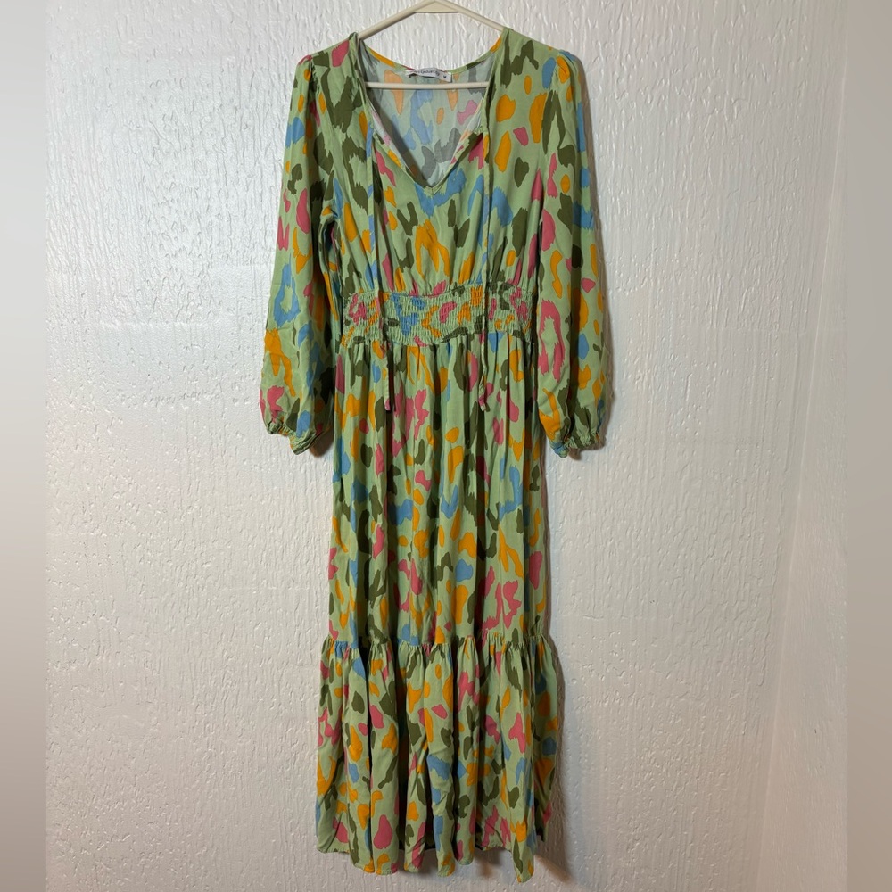 Rusttydustty Green Floral-Print Maxi Dress with Smocked Waist Women Size Medium